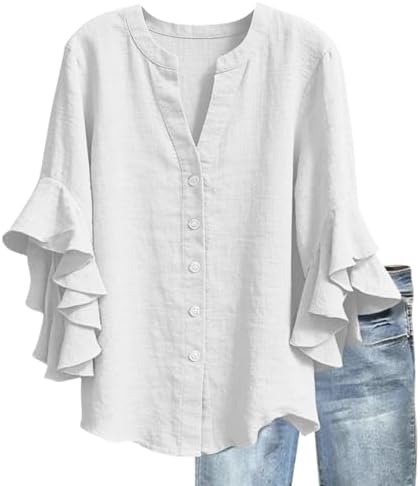 3/4 Ruffle Sleeve Cotton Linen Shirts for Women Dressy V Neck Beach Tunic Tops Elegant Summer Casual Work Blouses White