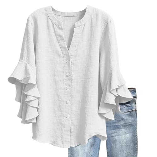 Summer Cotton Linen Tops for Women 3/4 Sleeves Ruffle Sleeve Blouse V-Neck Button Down Shirt Lightweight Dressy Top for UK Ladies Loose Fit Soft Shirts Lightweight Blouse for Daily Wear White
