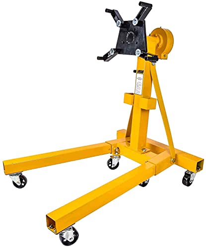 JEGS Folding Engine Stand | Geared Rotating Head | Yellow Finish | 1500 LBS Capacity | 360 Degree Adjustable Mounting Head | 6 Ball-Bearing Swivel Caster Wheels | Heavy-Duty Square Steel Frame