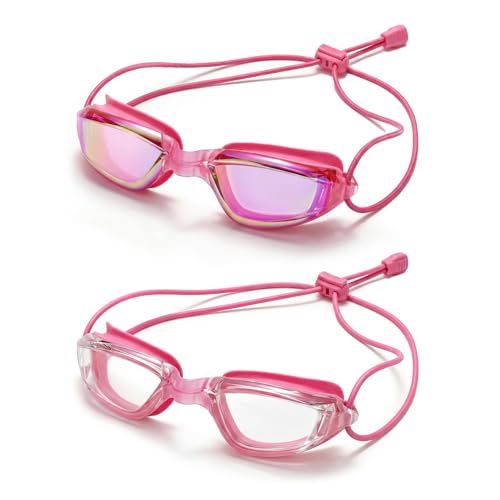 Aegend 2 Pack Professional Swimming Goggles for Adults, No Leak Mirrored Swim Goggles with Bungee Strap, Anti-Fog UV Protection Triathlon Goggles for Men Women Open Water & Pool