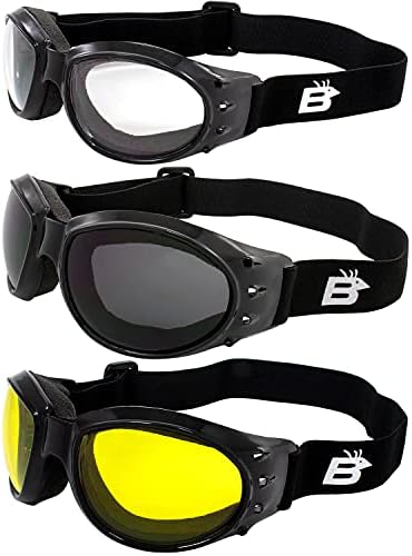 Birdz Eyewear Eagle Padded Motorcycle Goggles - 3 Pairs with Black Frames and Clear, Smoke, and Yellow Lenses for Day and Night Riding Comfort in All Weather Conditions