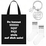 Otuuz 3 Stück Bestandene Prüfung Geschenk inklusive Bestanden Socken Abschluss Schlüsselanhänger Du Hast Es Geschafft Glückwunsch Segeltuchtasche Tennissocken Einkaufstasche Glücksbringer Socken