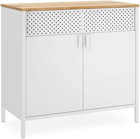 SONGMICS Storage Sideboard, Buffet Table with Adjustable Shelves, Floor Storage Cupboard, Steel Frame, Natural and White ULSC102W57