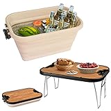 Large Capacity Camping Folding Basket with Table, ice Bucket or ice tub，Leak Proof Basket, with Cover and high Strength Tray Table Set, for Camping and Outdoor Party，28qt