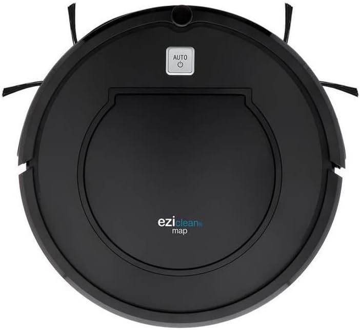 רֹאשׁ view of the EZICLEAN Map Robot Vacuum showing the power button and dustbin cover.