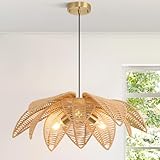 24” Floral Rattan Chandeliers Lights Fixture for Dining Room, 3-Light Large Farmhouse Boho Pendant Lights Fixture, Hanging Hand Woven Wicker Ceiling Lights for Kitchen Island Bedroom Living Room