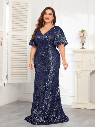 Image of Plus Size Glamous Short Sleeves Womens Sequin Dress Formal Gowns Evening Glitter Mermaid Prom Dress