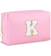 URSKYTOUS Initial Preppy Makeup Bag Travel Small Cosmetic Bag Cute Pink Personalized Preppy Makeu...