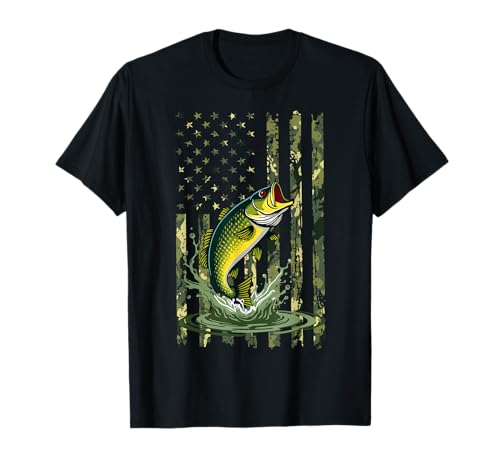 Bandera americana de EE. UU. Camo Bass Fish Fishing Camouflage Fisherman Camiseta