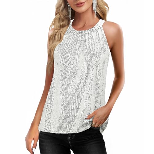 Komorebi Sequin Tops for Women Sleeveless Halter Tops Dressy Sparkle Cocktail Vest Tank Top Glitter Party Shirts