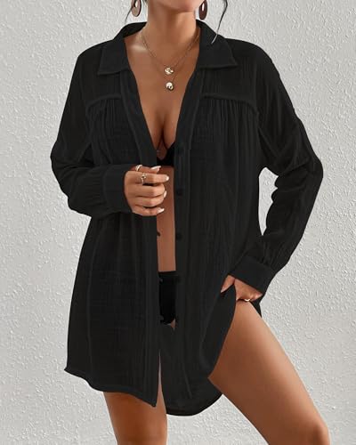 Long Sleeve Swimsuit Cover Up Oversized White Button Down Shirt Wome Bating Suit Coverup3