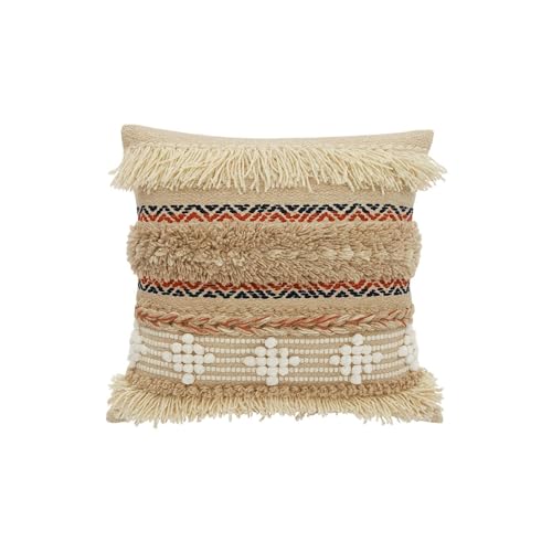 Image of Boho Tufted Cushion Cover with Fringe 18x18 | Handwoven Textured Decorative Pillow Cover for Sofa, Bed & Living Room | Cotton Blend Square Throw Cushion Cover