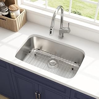 Quikore 30 Inch Undermount Kitchen Sink 18 Gauge Stainless Steel Spacious Single Bowl Curved Shape Round Corner Deep Sinks with Basket Strainer and Bottom Grid 30" x 18" x 9"