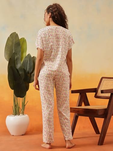 Image of Clovia Women's Floral Print T-Shirt & Pyjama Korean Night Suit for Girls | Rayon Korean Night Dress Set | Comfortable Multicolor Sleepwear