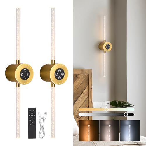 Image of Battery Operated Wall Sconces Set of 2, 8000mAh Rechargeable Wall Lights with Touch /Remote Control, Gold LED 360Rotate Wireless Wall Scone for Living Room,Bedroom,Hallway, 22.5 Inch