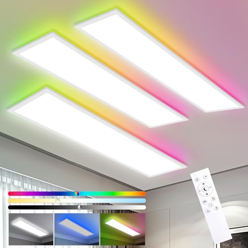 Oraymin 3x LED Panel 120x30cm Deckenleuchte Dimmbar mit RGB, 40W 4800LM Deckenlampe mit Fernbedienung, Speicherfunktion, 3000K-6500K Lampe für Wohnzimmer Schlafzimmer Küche Büro