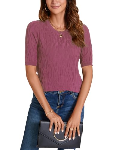 Image of MINTLIMIT Womens Short Sleeve Sweater Summer Pullover Shirt Tops Texture V Neck Casual Knit Tees Tops