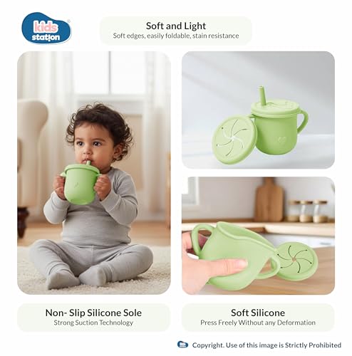 Image of Kids Station Whale Design 8-Piece Silicone Feeding Set for Babies | BPA-Free, Suction Bowl, Plate, Spoon, Fork, Bib, Cup & Straw - Dishwasher Safe | Ideal for Infants & Toddlers (Pack of 8, Green)