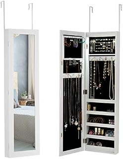 COSTWAY LED Lights Jewelry Cabinet, Door Hanging/Wall Mounted Jewelry Armoire with Full Length Mirror, Cosmetics Makeup Jewellery Storage Organiser Unit for Bedroom Dressing Room