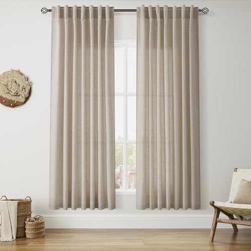 Image of Nanspring Living Room Curtains 72 Inch Length Linen Blend Cobblestone Light Filtering Semi Sheer Curtain Back Tab and Rod Pocket Modern Farmhouse Decor Elegant Drapes for Bedroom 52x72, 2 Panels