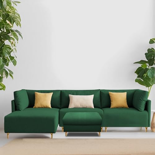 Image of Carina LHS 4 Seater L Shape Sofa Set with Center Table for Living Room (Green Fabric) Premium Fabric Sofa