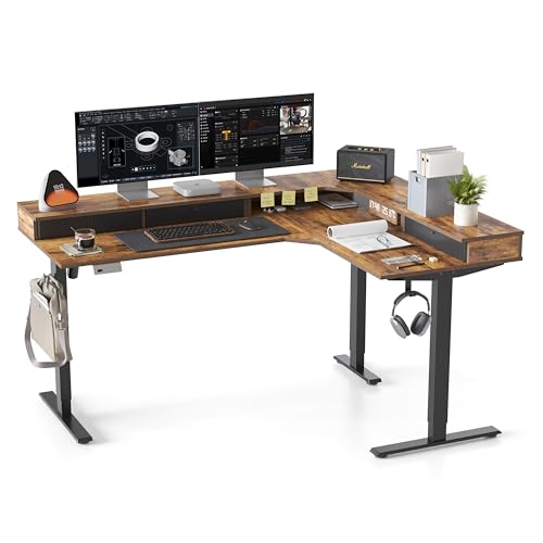 Image of CubiCubi L Shaped Standing Desk with Drawers 63 x 48 Inch Adjustable Height, Electric Corner Desk with Storage, Sit Stand Home Office Desk with Splice Board, Rustic Brown