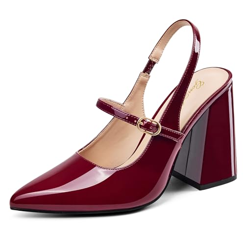 GENSHUO Women's Chunky Slingback Mary Jane Pumps, 4 Inch High Block Heels Closed Pointed Toe Dress Shoes for Wedding Party Work Casual