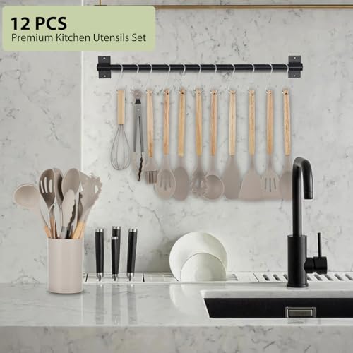 Set Utensili Cucina - Set Di 12 Pezzi Utensili Cucina Silicone Con Portaposate E Manico In Legno - Utensili Da Cucina Resistente Al Calore - Antiaderente E Lavabile In Lavastoviglie (Kaki) - 6