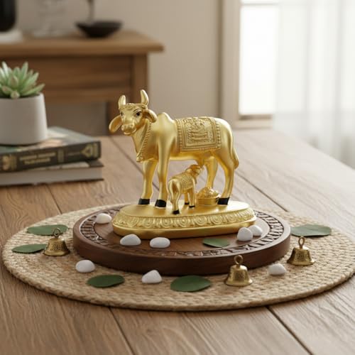 Image of Gold Matte Kamdhenu Cow with Calf Idol | Small Size Gold-Plated Holy Cow & Calf Statue | Divine Symbol of Wealth & Abundance | Festival & Housewarming Gift | Size 8.5cm x 5cm x 5.5cm