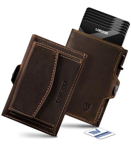 LORZOR Portafoglio Uomo slim con Portamonete XXL, Portacarte Uomo in Pelle, Porta Carte di Credito con Protezione RFID, Porta Tessere Tascabile, Wallet Pop-up per 10 Carte,con Scomparto per Contanti
