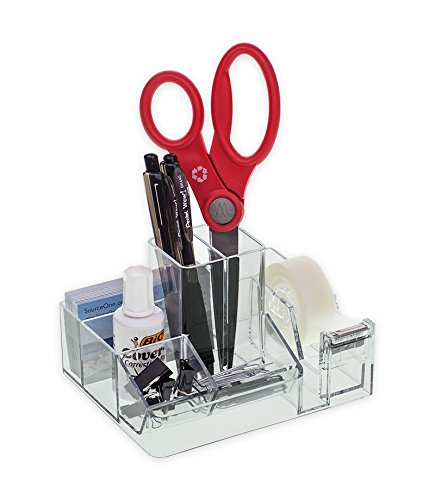 Source One Desk Top Clear Office Supplies Organizer with Tape Dispenser, Business Card Holder