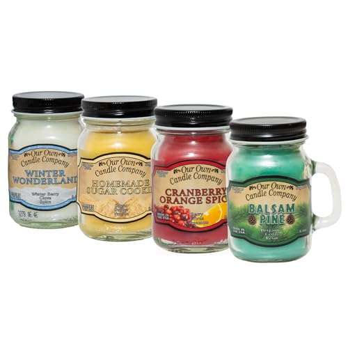 Our Own Candle Company 4 Pack Mini Mason Jar Candles - 3.5 Oz Balsam Pine, Cranberry Orange Spice, Homemade Sugar Cookie, Winter Wonderland