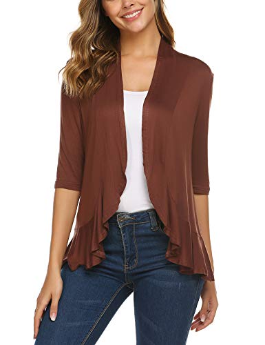 Zeagoo Women's Casual Lightweight 3/4 Sleeve Cardigan Soft Drape Open Front Fall Dusters Coffee M