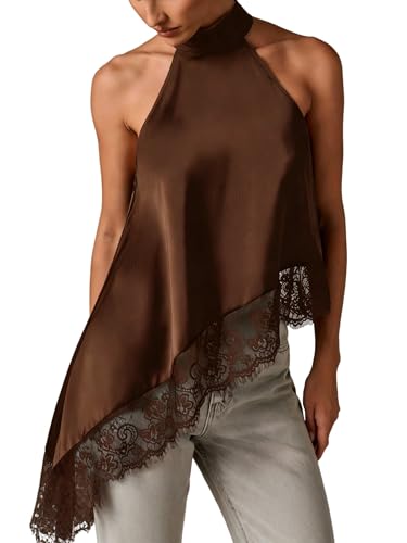 Silky Brown Halter Neck Sleeveless Going Out Top for Women Asymmetrical Lace Hem Summer Stylish Tank Tops Brown Size X-Small