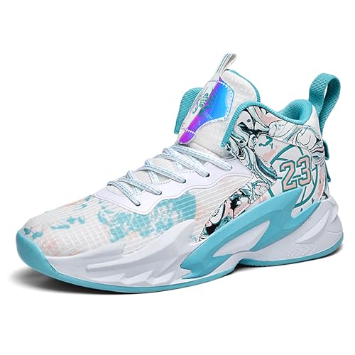Mens High Top Basketball Shoes Arch Support Sneakers Comfortable Actual Combat Shoes High Elasticity Sports Shoes White-Green Size 9