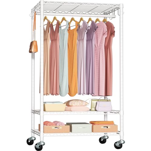 FUTASSI P6 Rolling Clothes Rack, Clothing Racks for Hanging Clothes, Heavy Duty Garment Rack with Wheels, Freestanding Portable Closet 35.5'' W x 14'' D x 74.6'' H, Max Load 380 LBS, White