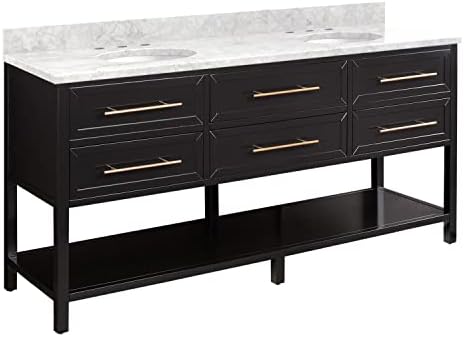 Signature Hardware 953330-72-UM-8 Robertson 72" Free Standing Double Vanity Set with Wood Cabinet, Vanity Top, and Oval Undermount Sink - 8" Faucet Holes - Black/Carrara Marble