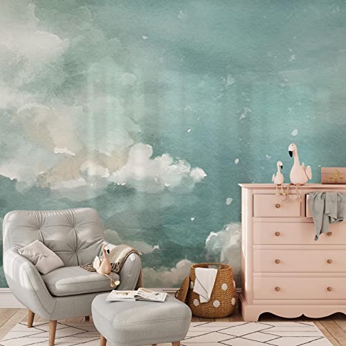 Image of Coloritto Cloudy Sky Wallpaper | Removable Self Adhesive Pastel Blue Nursery Wallpaper | Vintage Clouds Peel and Stick Wallpaper (1 roll 24" W x 96" H)