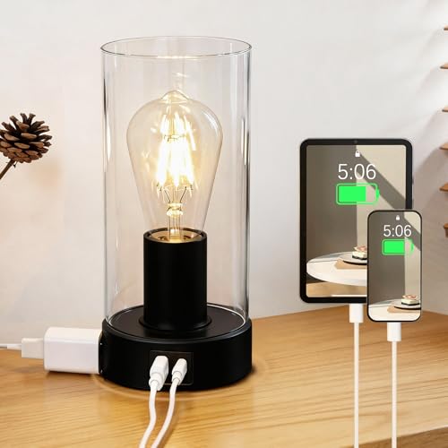Shenmoyl Industrial Bedside Lamp with USB-A+C Charging Ports & AC Outlet, Small Touch Control Dimmable Table Lamp with Black Base Glass Shade for Bedroom, Nightstand, Dorm, Office, Desk