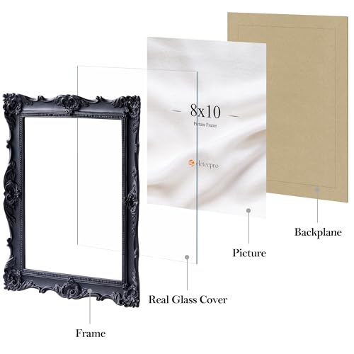 Image of eletecpro 8x10 Vintage Picture Frame with Real Glass Cover, Ornate Antique Photo Frame, Display 8x10 Picture for Tabletop or Wall Hanging Horizontal & Vertical, Black Home Decor for Gallery Art