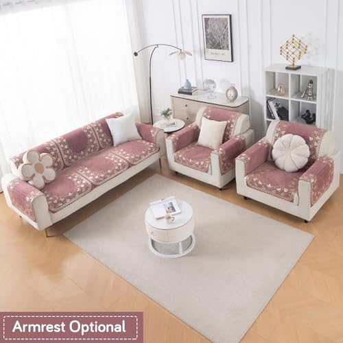 Image of HOKIPO Gulabi Jaal Premium Chenille Jacquard Sofa Cover 5 Seater Set - Washable 3+1+1 Sofa Cover for Seat & Back | 'Royal Aangan Series' (IN-1008-L1*2 + IN-1006-L1*4)