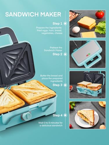 Sandwichmaker 3 in 1, 1200W Waffeleisen/Kontaktgrill/Sandwichtoaster, 5-Gang-Temperaturregelung, Antihaftbeschichter Plattensets, Wärmeisoliertem Griff, Spülmaschinengeeignet, LED-Leuchten, Blau