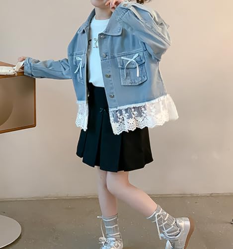 ASHER FASHION Cute Lace Denim Jacket For Girls Long Sleeve Patchwork Jeans Jackets Casual Front Pockets with Bow Fall3