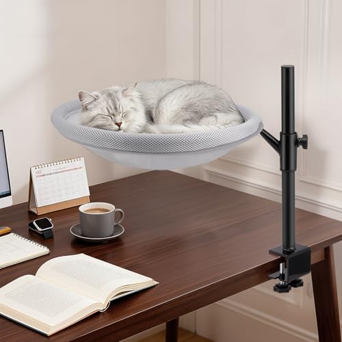 TLPEMN Katzenbett Schreibtisch, Katzenhängematte mit 360° Drehbar Verstellbare Höhe, Katzenbett für Schreibtisch mit Netzgewebe, Waschbar Bezug...