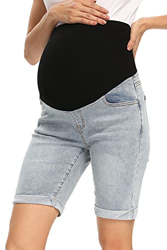 Foucome Women's Materntiy Denim Shorts Over The Belly Comfy Stretch Bermuda Jean Shorts(Blue, M) #TOP1