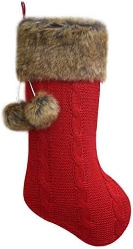 Set of 2pcs Chunky Cable Knit Body, Luxury Faux Fur Cuff,Whimsical Pom-poms Christmas Stocking -10"x18"