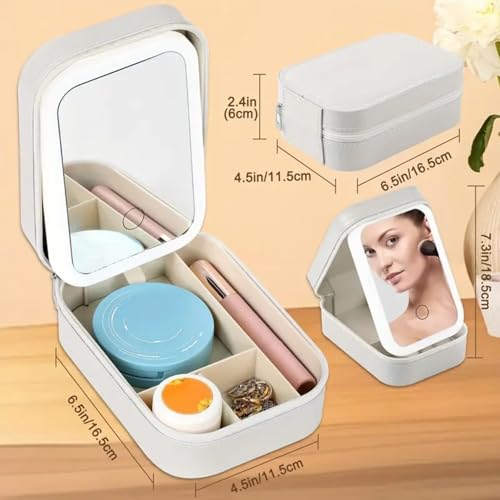 Image of LED Makeup Box with Adjustable Light-Up Mirror, 3 Color Light Settings, Dust-Proof Cosmetic Case, Jewelry Organizer and Multi-Compartment Storage Box for Women (White)