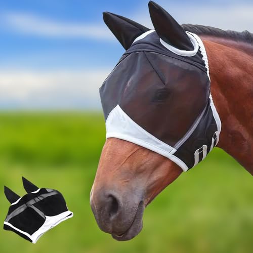 Fliegenmaske Pferd Warmblut Mit Ohrenschutz – Atmungsaktive Fliegenmaske Pferd Cob Für Sommer, Uv-Schutz Pferde Fliegenmaske, Größe L