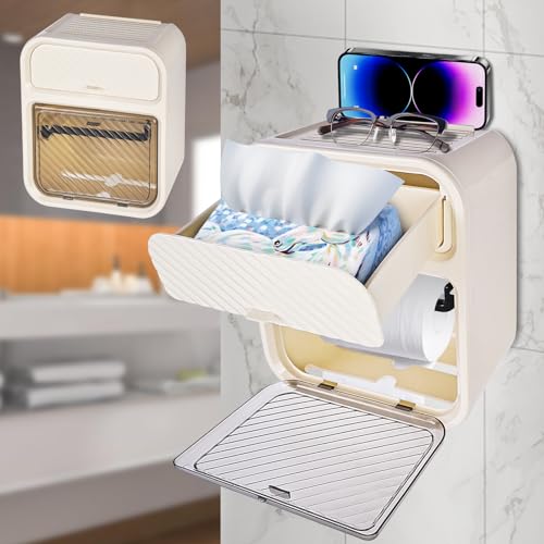 Portarrollos de papel higiénico sin taladrar, portarrollos de papel higiénico con caja para toallitas húmedas, soporte para papel higiénico sin taladrar con estante, soporte para rollos de papel