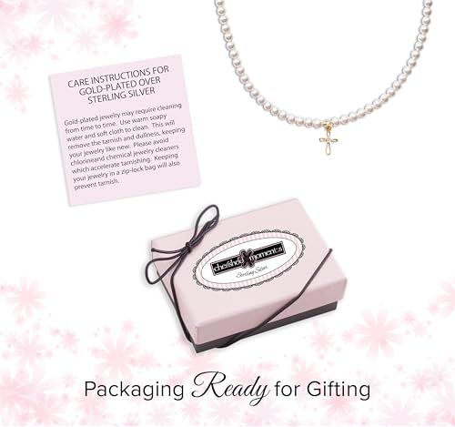 Image of Children's 14K Gold Plated or 925 Sterling Silver Cross Bracelet with Simulated Pearls for Girls First Communion, Baptism, Christening or Dedication Gift